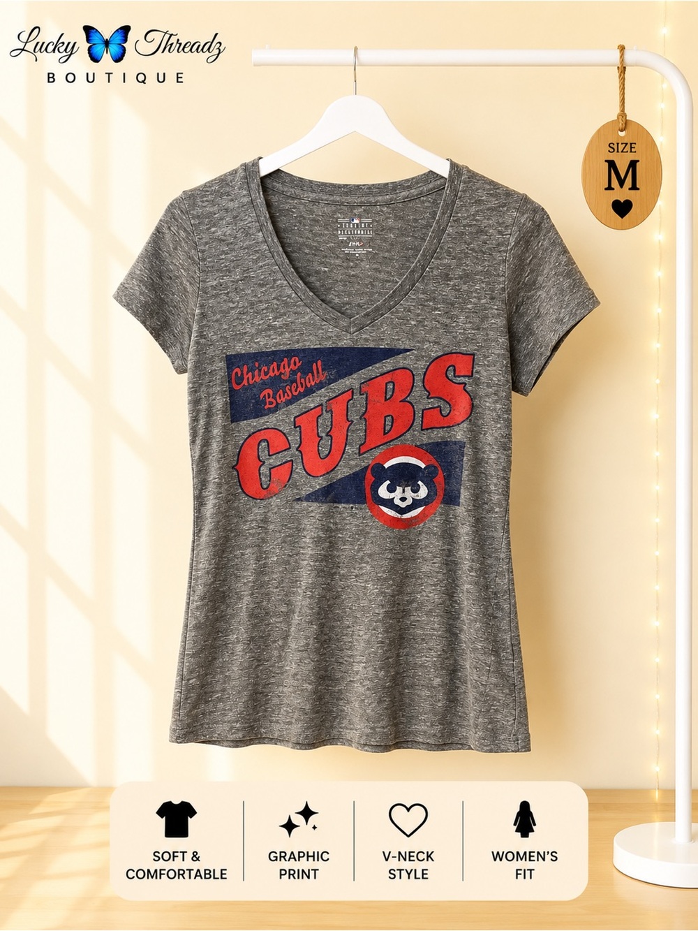 Chicago Cubs Gray V-Neck Graphic Tee Women’s Medium MLB